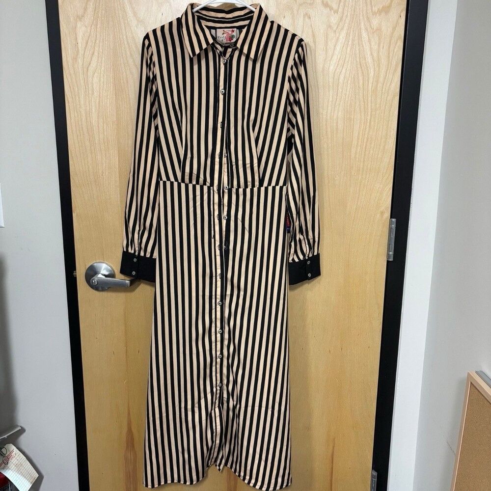 Truly 4 You Black/Beige Striped Shirt Dress L Midi Long Sleeve Button Belted